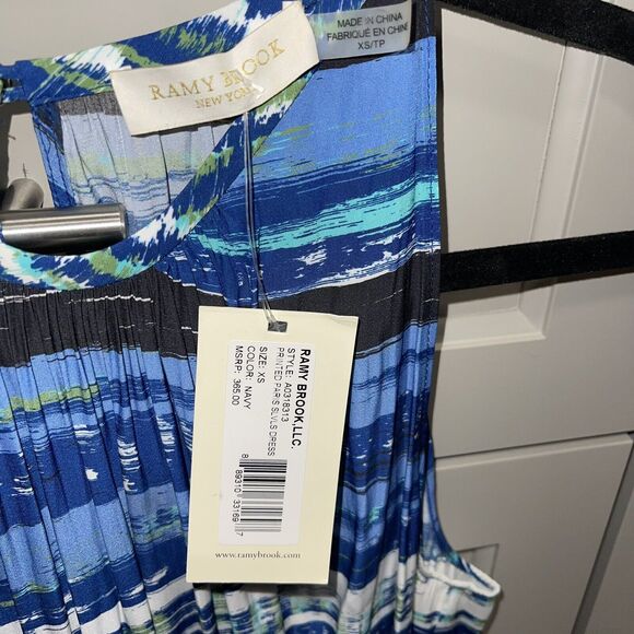 Ramy Brook Paris Warp-Print Sleeveless Blouson Dress XS Navy/Green - Picture 3 of 8